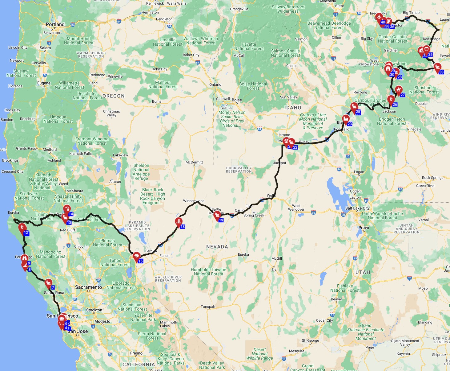 RV road trip USA route from San Francisco to Bozeman  Yellowstone